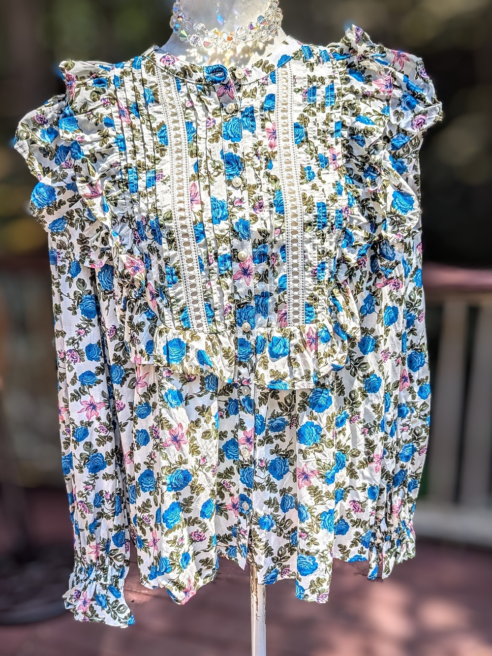 River Island Blue and Pink Floral Ruffle Blouse